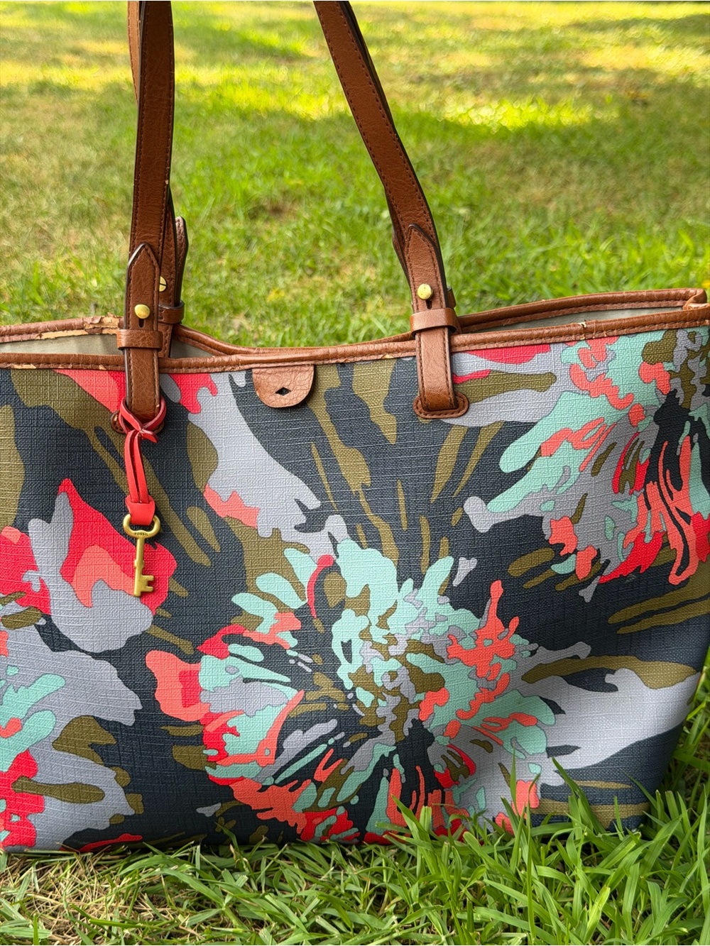 Fossil Floral Canvas Tote in Coral, Mint & Brown